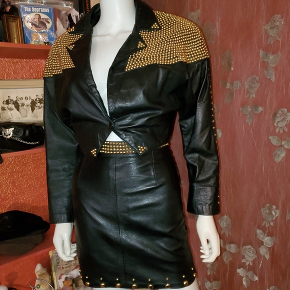 Black Leather w/ Gold Studs Skirt & Jacket Set - Picture 6 of 14
